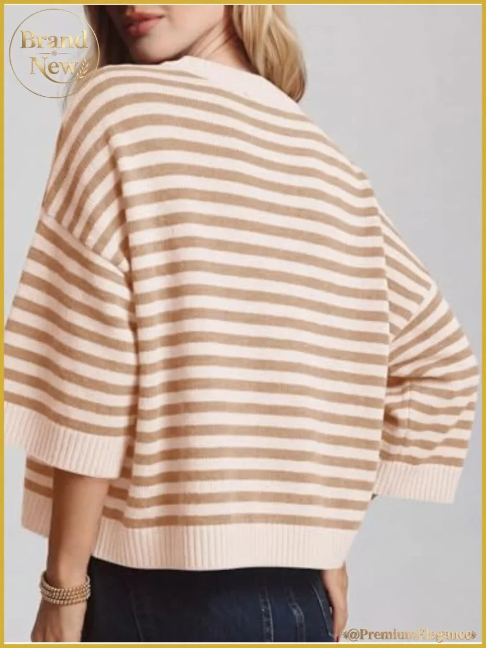 Oversized Striped Knit Pullover Sweater Women Short Sleeve Crew Neck Loose Fit